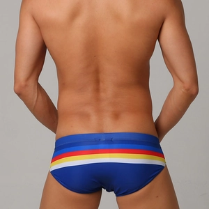Detailed back view of men's navy swim briefs featuring red, yellow and white stripes