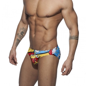 Men's low-rise swim briefs featuring a vibrant pop art cartoon print and a snug fit