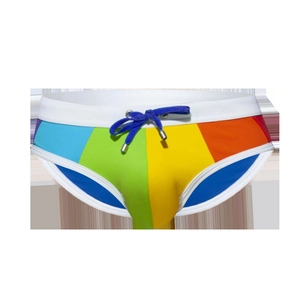 Men's sexy rainbow patchwork swim briefs with white elastic waistband and drawstring