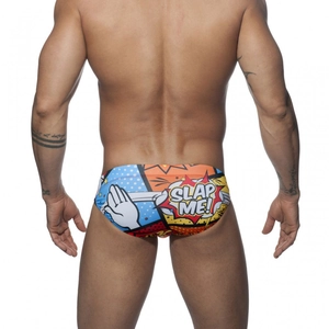 Men's pop art cartoon print swim briefs featuring Slap Me text on the back view