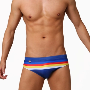 Men's navy blue quick-dry swim briefs with vibrant side stripes and rainbow label detail