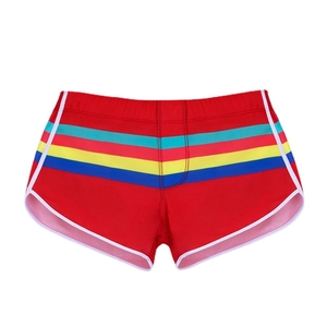Men's red swim trunks with colorful stripes and white trim, quick-dry athletic swimwear