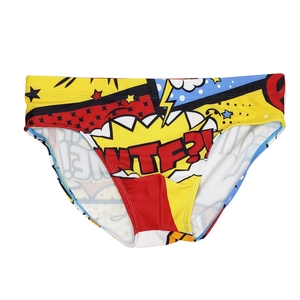 Detail of pop art print swim briefs featuring bold letters and vibrant comic patterns