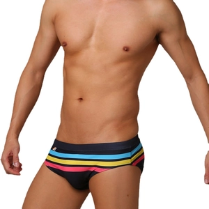 Men's black quick-dry swim briefs with colorful stripes and elastic waistband fit