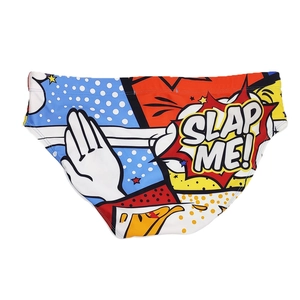 Detail of men's swim briefs with vibrant Pop Art cartoon print and Slap Me text