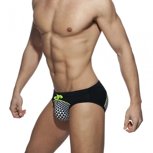 Men's sexy mosaic print bikini swimwear with triangle cut and neon green drawstring