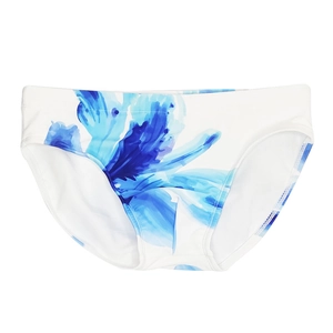 Detailed view of men's swim briefs with blue watercolor floral print on white background