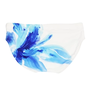 Detail of men's white swimming briefs featuring blue watercolor floral pattern and stitching