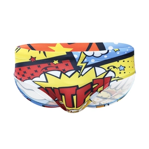 Men's comic style swimming briefs with vibrant WTF print and elastic waistband