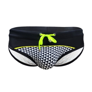 Men's black swim bikini with geometric mosaic pattern and neon yellow drawstrings