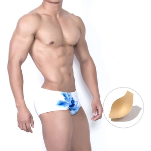 Men Sexy Slim Fit Swimming Trunks Quick Dry Nylon Spandex Low Waist Ink Wash Floral Print Swim Shorts With Protective Cup For Beach