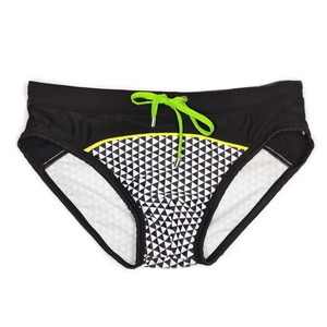 Men's black swim briefs with geometric mosaic print and neon green drawstring cords