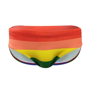 Men's sexy rainbow striped swim briefs with elastic waistband for summer beach sports