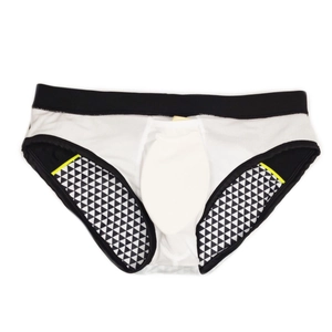 Detail of men's mosaic print swim briefs with black elastic waistband and yellow stitching