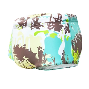 Men's quick-dry swim trunks featuring green palm tree silhouettes and abstract prints