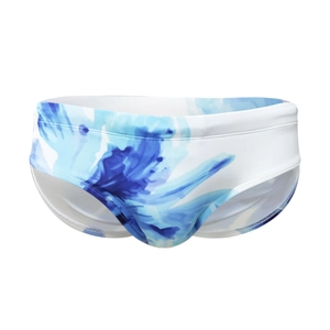 Men's swim briefs with blue ink lily flower print on white high-stretch fabric