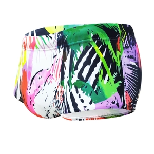 Men's colorful graffiti print swim trunks featuring palm trees and quick-dry stretch fabric