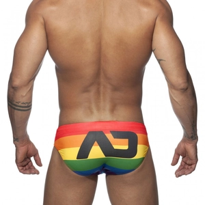 Men's sexy rainbow striped swim briefs with bold AD logo and athletic fit on the back