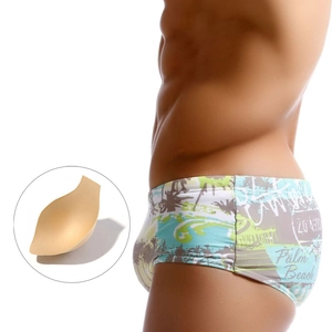 Men's Tropical Palm Tree Print Swim Trunks With Removable Cup Pad Low Waist Quick Dry Sexy Beach Surfing Swimwear For Men