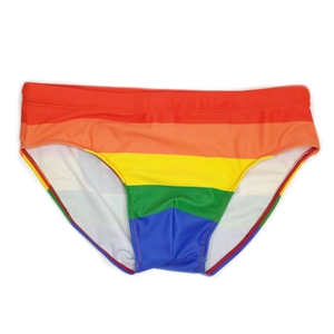 Men's sexy rainbow striped swim briefs with low waist elastic band on white background