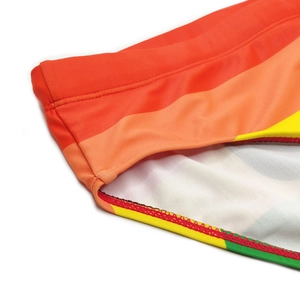 Detail of men's rainbow swim briefs showing flatlock stitching and elastic fabric