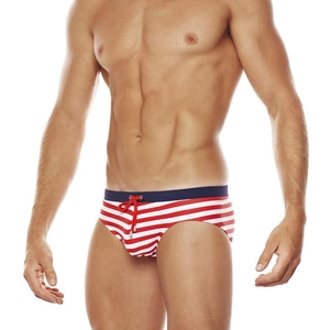 Men's red and white striped swim briefs with navy waistband and red drawstring