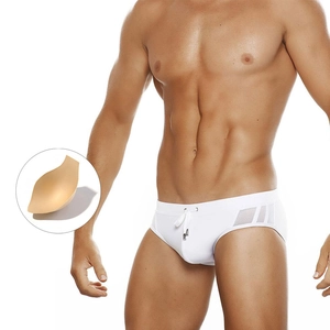 Men White Mesh Splice Swim Briefs Quick Dry Low Waist Swimming Trunks With Push Up Cup For Pool Beach Party Sexy Swimwear