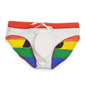 Detail of men's rainbow swim briefs featuring white drawstring and removable sponge pad