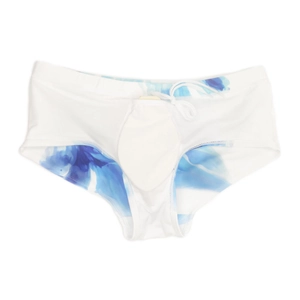Detail of men's swim trunks with blue ink floral print and adjustable waist drawstring