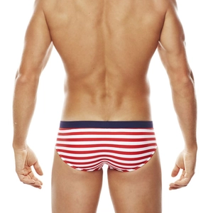 Rear view of men's striped swim briefs with red white stripes and navy blue waistband