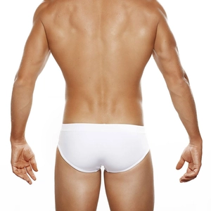 Men's white mesh spliced swim briefs with low waist cut shown from the back view
