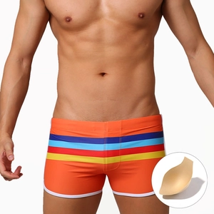 Men Fashion Striped Swimming Trunks With Removable Pad Quick Dry Elastic Beach Shorts Sporty Swimwear For Vacation