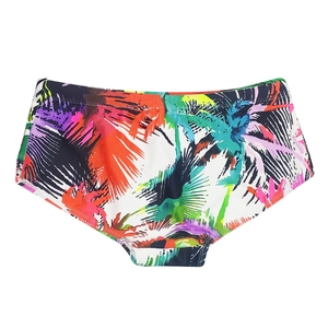 Detailed flat lay of colorful tropical palm tree print high waist bikini bottom