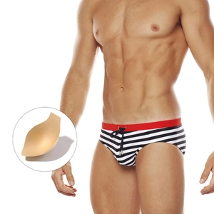 Men's striped swim briefs with red waistband and removable padding cups for beachwear