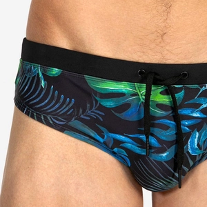 Men's black swim briefs with gradient tropical leaves and adjustable drawstring