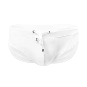 White sexy men's swim briefs with mesh side panels and adjustable waist drawstring