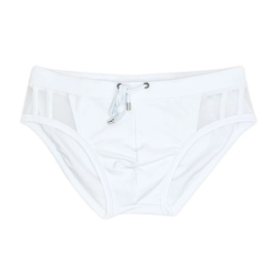 White men's swim briefs with side mesh panels and elastic drawstring waist for beach wear