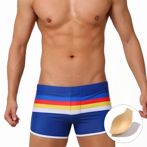 Men's navy swim trunks with colorful stripes and removable protective padding