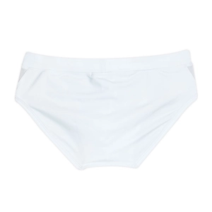 Detail view of men's white swim briefs with breathable mesh panels and elastic waistband