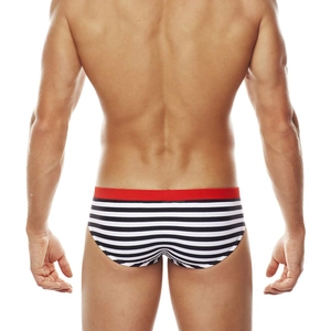 Men's striped swim briefs in navy style with black white stripes and red waistband