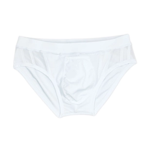 Detail of white swim briefs featuring breathable mesh side panels and an elastic waistband