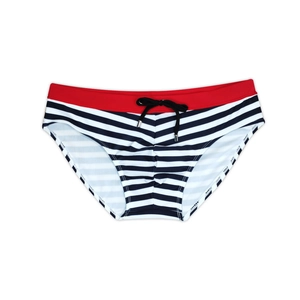 Detail of nautical striped men's swim briefs with red waistband and drawstring