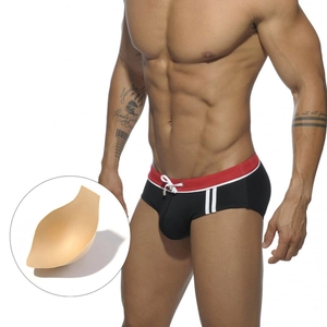 Men Sexy Sporty Swim Trunks Nylon Quick Dry Beach Briefs With Removable Push Up Cup Solid Color Side Stripes Men Swimwear