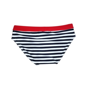 Detail of nautical navy style men's swim briefs with blue white stripes and red waistband