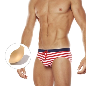 Men Striped Swim Briefs Nylon Quick Dry Beach Swimming Trunks With Removable Cups Sexy Low Waist Nautical Style Swimwear