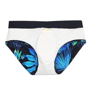 Detailed front view of men's swim briefs with tropical leaf pattern and elastic waistband