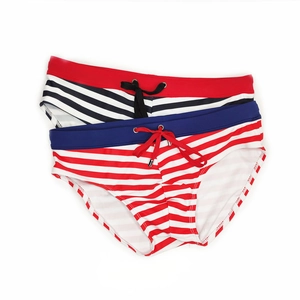 Detail of striped men's swim briefs showing striped fabric and drawstring waist with eyelets