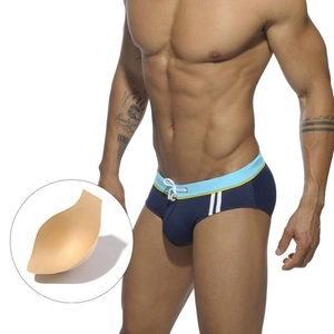 Men's navy blue athletic swim briefs with white side stripes and push-up cup insert