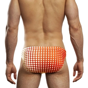 Vue arrière du slip de bain orange pour hommes avec motif à pois et coupe ajustée