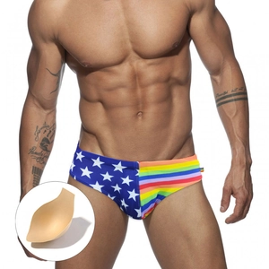 Men Sexy Low Waist Swim Briefs Nylon Printed Star Rainbow Stripes Swimwear Removable Push Up Cup Men Sporty Beach Trunks
